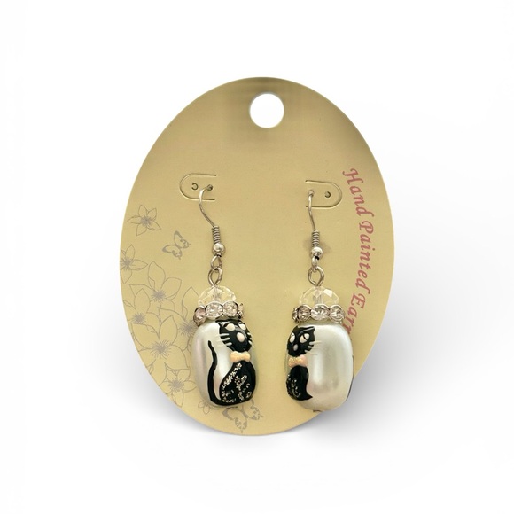 Hand Painted Black Cat Dangle Earrings Rhinestone Crystal - Picture 2 of 5